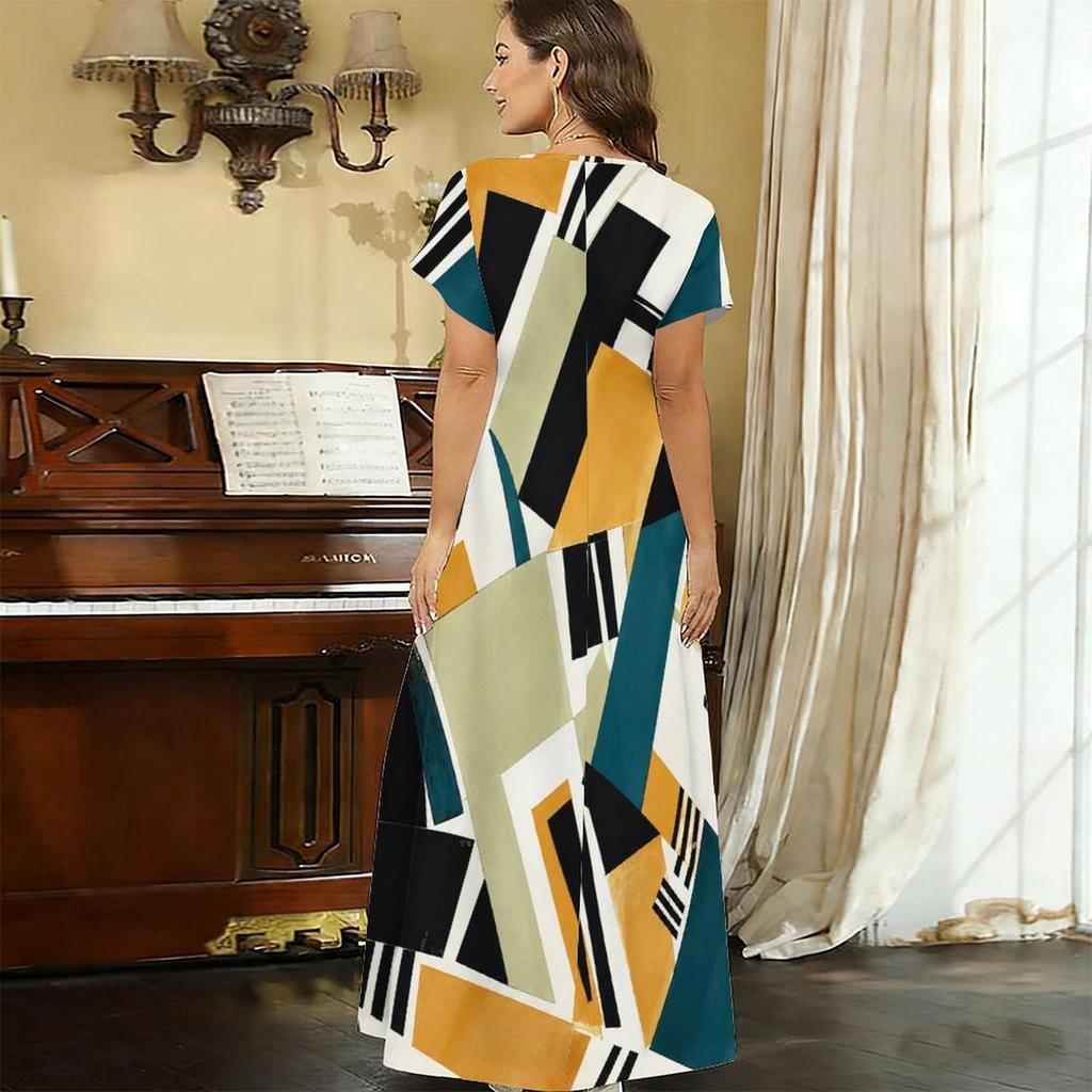 Women Plus Size V Neck Short Sleeve Geometric Printed Straight Long Dress
