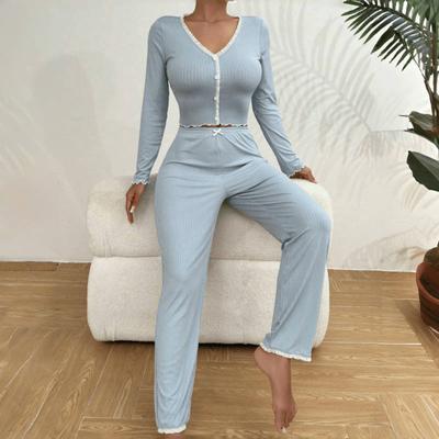 Yousheng 2 Pcs/Set Spring Women Top Pants Suit Long Sleeves V Neck Lace Shirring Trim Cropped Top Elastic Waist Pants Outfit Homewear Clothes Pajamas
