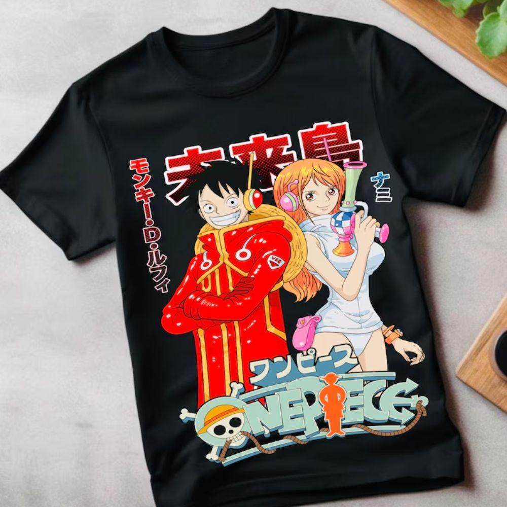 Summer 2026 One Piece The Island of The Future Luffy Nami Theme 100 Cotton Print Loose Tshirt Malefemale Parent Top