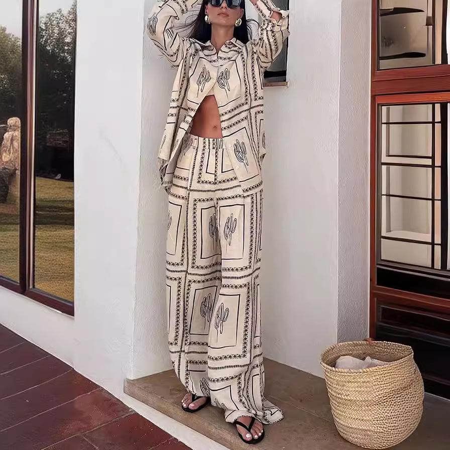 Printed Shirts Two Piece Set Women Long Sleeve Lapel Shirts High Waist Wide Leg Pants Suit for Women Home Wear Outfits Clothing