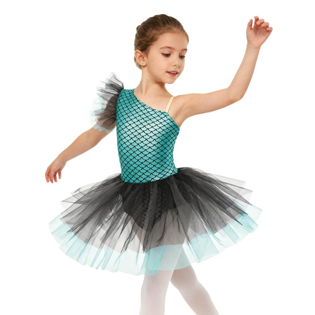 Girls Ballerina Tutu Dress One Shoulder Sleeveless Mermaid Fish Scales Print Camisole Leotard Halloween Dance Costume