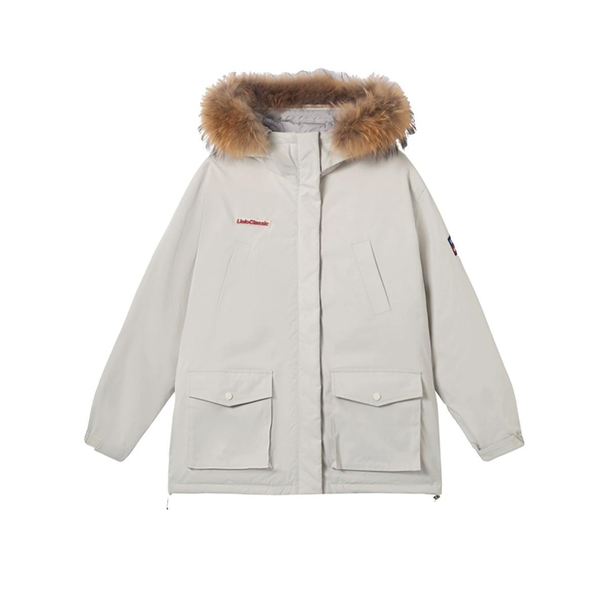 

Зимняя Новая Универсальная Рабочая Куртка Пуховик Женский Пальто с Капюшоном и Меховым Воротником Средней Длины Свободная Парка XL