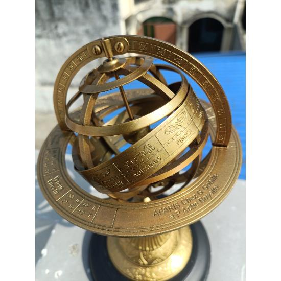 Armillary Sphere Brass Astrolabe On Wood Base ~Maritime Nautical Collectible ~ Table Décor Celestial Globe Retro Gift