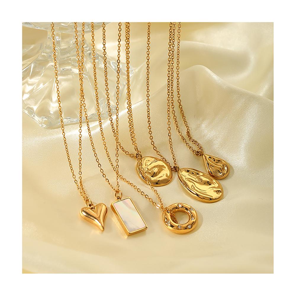 Ins Best Selling 316L Stainless Steel 18K Face Textured Oval Pendant Charms Necklace for Women Waterproof Jewelry