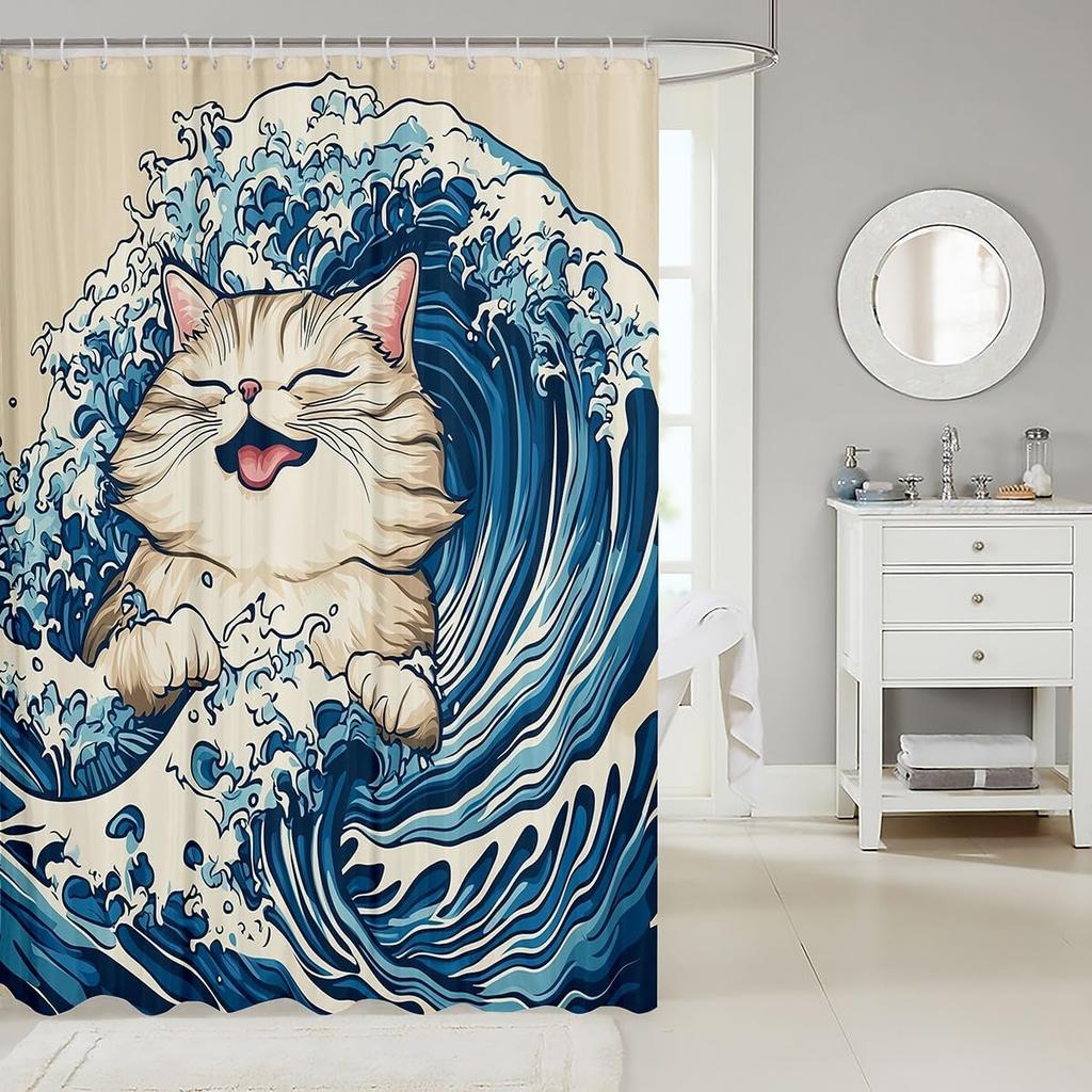 Cat Shower Curtain Japanese Style Bathroom Shower Curtain Sets for Kids Boys Girls Teens,Ocean Wave Fabric Shower Curtain