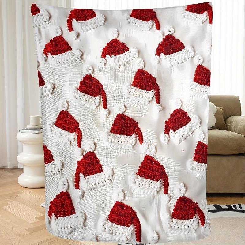 

Фланелевое рождественское одеяло - красно-белый принт с шапкой Санты, удобное одеяло для любого сезона, современная праздничная простыня 30x40in