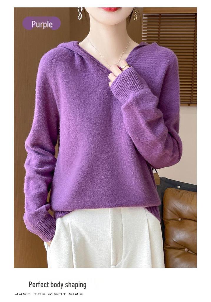 Women's Thick Versatile Wool-Cashmere Knit Hooded Pullover for Autumn/Winter