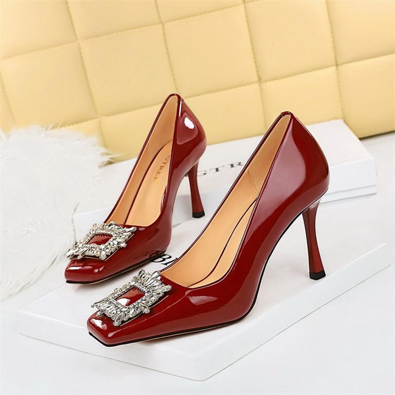 Fashion Elegant Women's Thin High Heels Shallow Mouth Cut Patent Leather Square Toe Metal Rhinestone Buckle Single Shoe