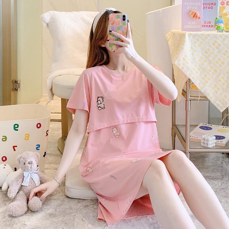 Pure Cotton Summer Nursing Nightgown for Pregnant Women - Short-Sleeve Maternity Feeding Dress