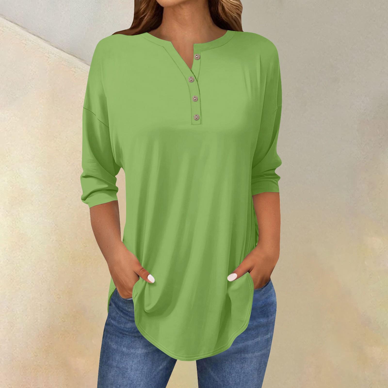 

Футболки женские осенние повседневные рубашки с длинным рукавом 3/4 на пуговицах толстовка винтажный топ пуловер L армия зеленый