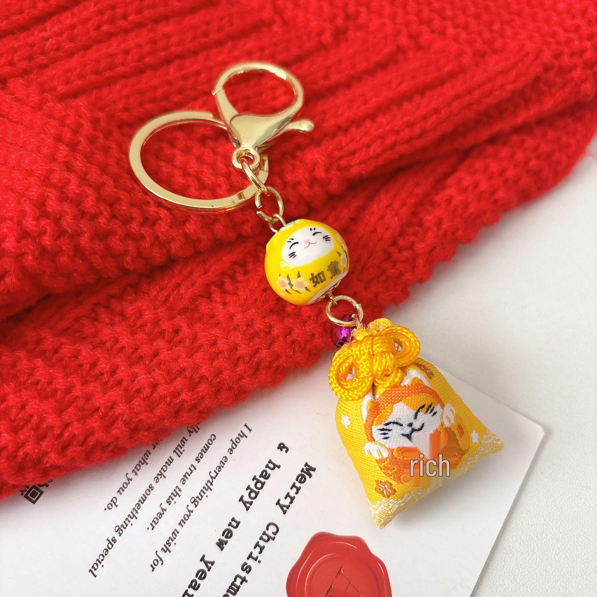 Lucky Charm Dream Cat Pendant with Bell & Japanese Seven-Color Omamori