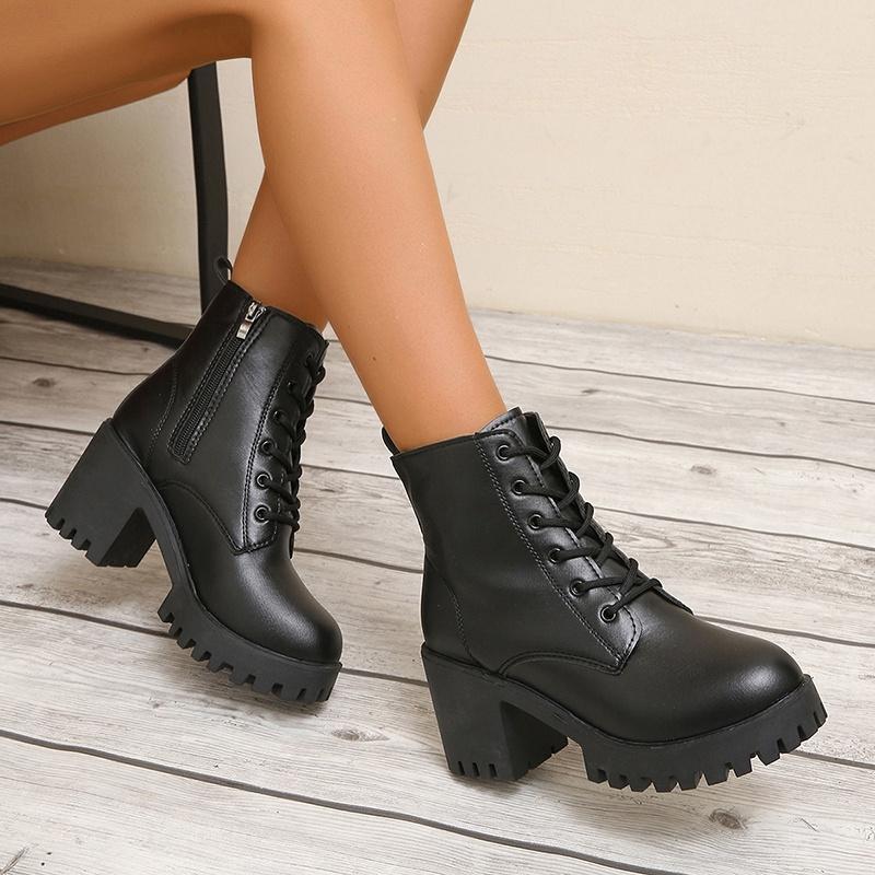 

Fashionable New Comfortable and Wear-resistant Women s Work Boots Winter Elegant Solid Color Round Toe Lace Up Short Boots 35