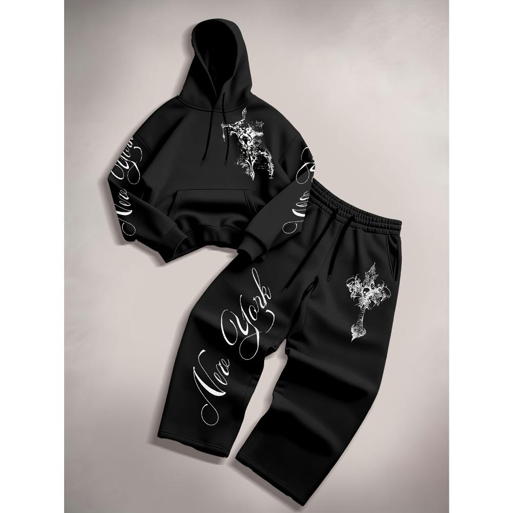 

Men s Autumn and Winter Sports Shirt Set, Classic Letter Pattern Print, Drawstring Hooded Sports Shirt and Drawstring Casual Sports Pants S