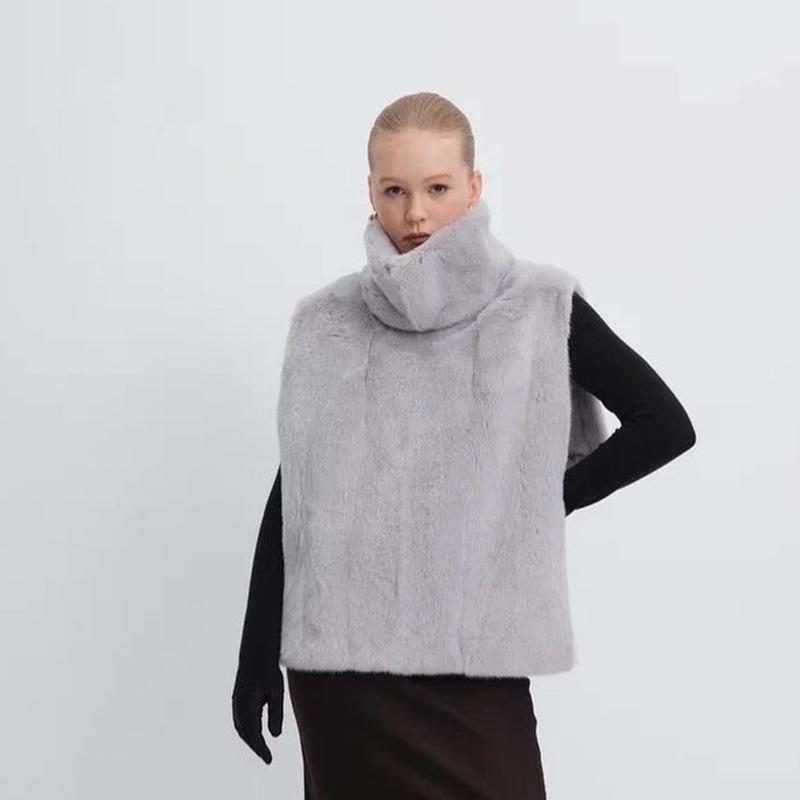 2025 Women's Solid Color Semi-High Neck Sleeveless Furry Top for Autumn & Spring