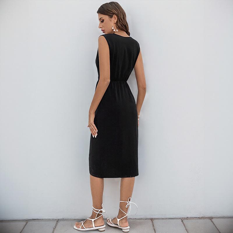 2025 New Elegant Fashion Party Slim Black Sleeveless V-Neck Slit Dress