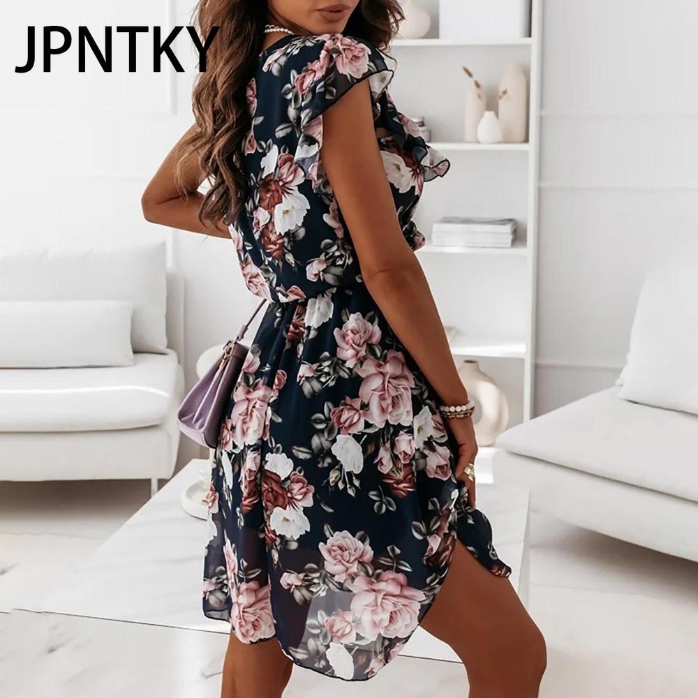 JPNTKY Fashion Women Casual Loose O-Neck Butterfly Sleeve Floral Print Dress