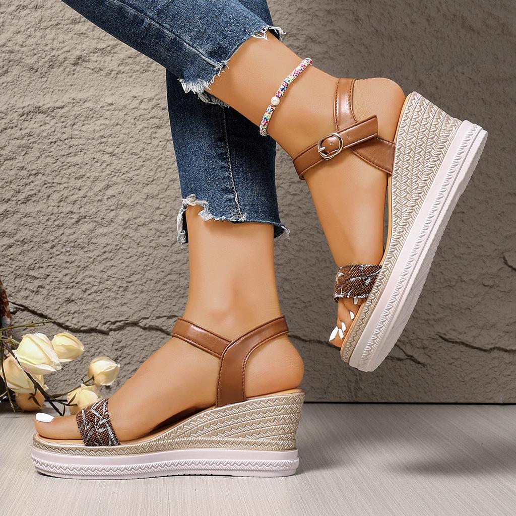 Ein-Wort-Schnalle mit Fischmaul-Muffin Damen-Sandalen neue Sandalen Damen Sommer Keilabsatz dicker Absatz dicke Sohle wasserdichte Tabelle