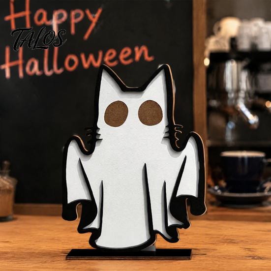 Halloween Theme Room Decor Ghost Cat Ornament, Wooden Decoration, Spooky Cute Desktop Party Props Table Centerpiece for Home Office Desk, Tiered Tray