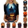 Women's Halloween Print 3/4 Sleeve Shirt Round Neck Loose Fit Casual Top Comfortable Fabric Soft Texture Seasonal Pattern