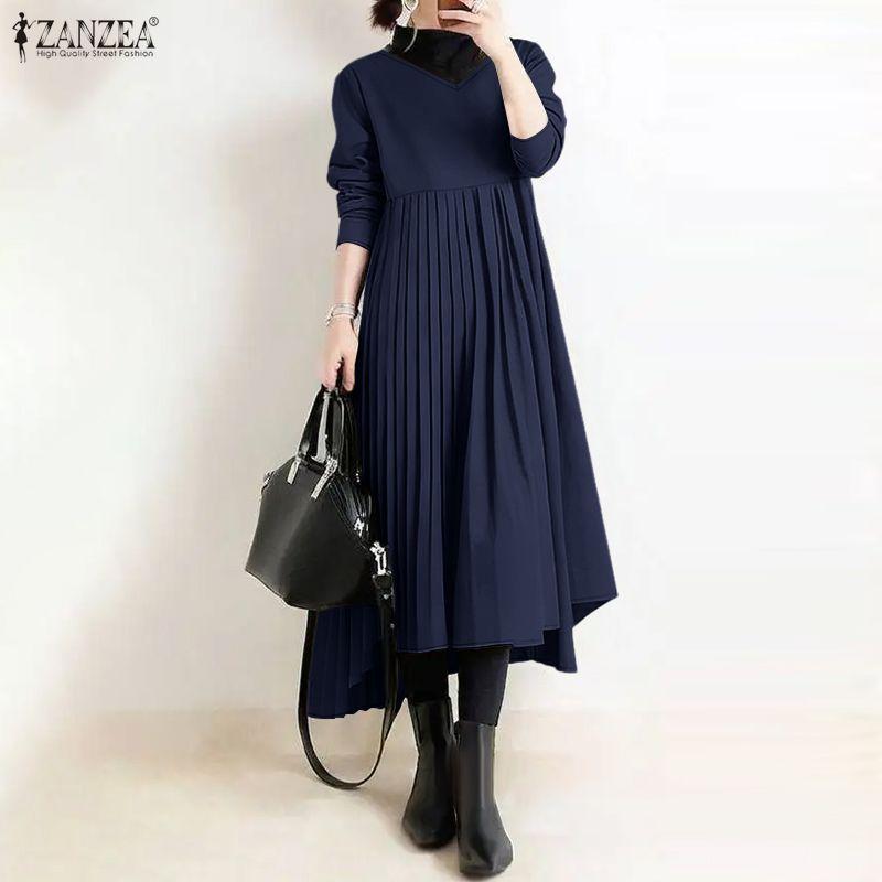 ZANZEA Women Casual V-Neck Solid Color Long Sleeve Loose Dress