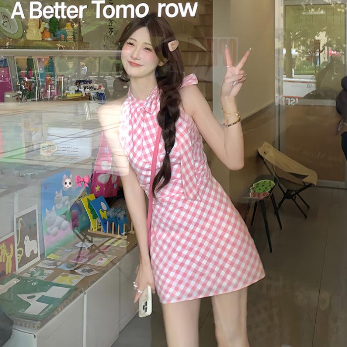

Pink Plaid Off-the-Shoulder Halter Dress with Bow - Women s Summer Bodycon Skirt Extra Large