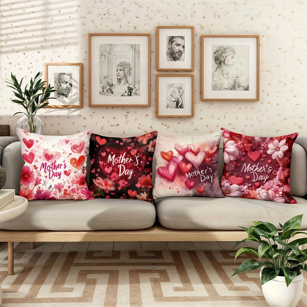 4pcs Happy Mother's Day Decorative Pillowcase Set, 18x18 Inch Floral Cushion Covers for Sweet Home Decor, Gift for Mom, for Porch Patio Sofa