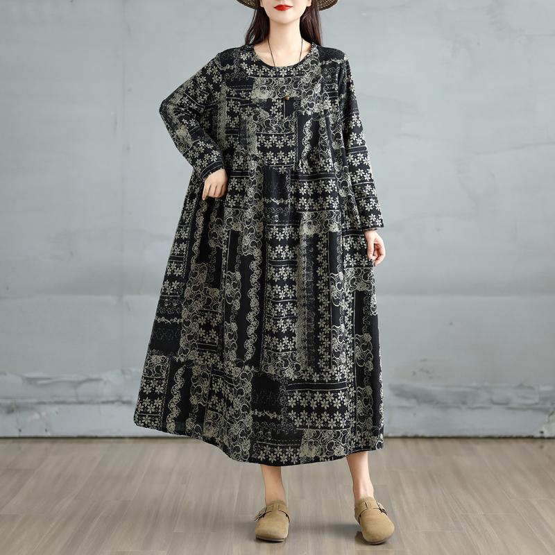 

DIMANAF 2025 Женское Весеннее Длинное Платье Большого Размера Свободное Базовое С Принтом Винтажное Повседневное Цветочное Оверсайз С Длинным Рукавом Макси One Size чёрный