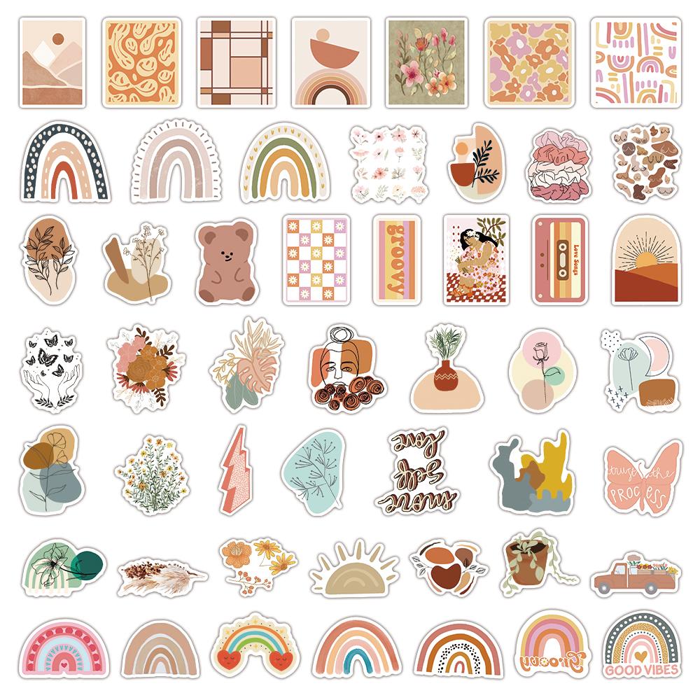 50 100Pcs Vintage Art Bohemia Stickers Retro Boho Cartoon Morandi Vinyl Decals For Laptop Scrapbooking Notebook Case Decor