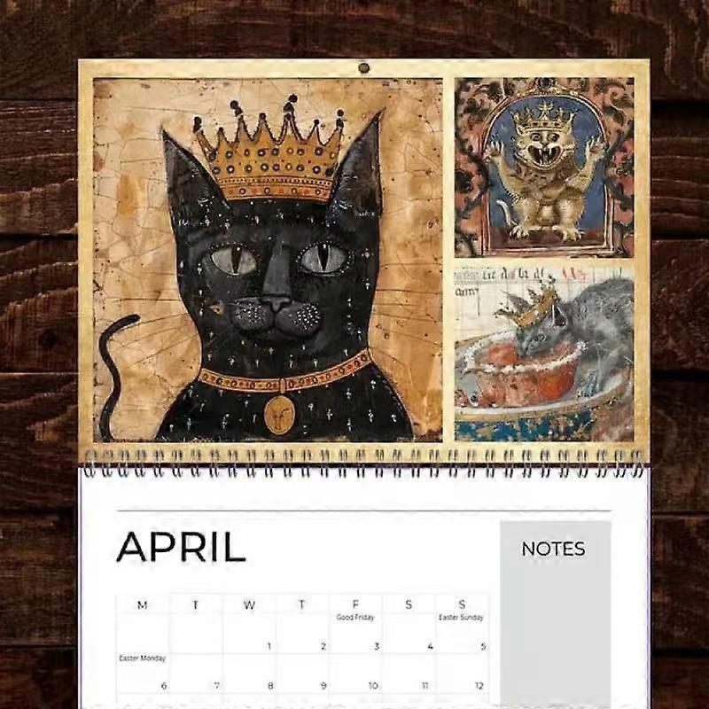2026 12-Month Medieval Cats Crown Wall Calendar, Royal Feline Art for Home & Office Wall Decoration