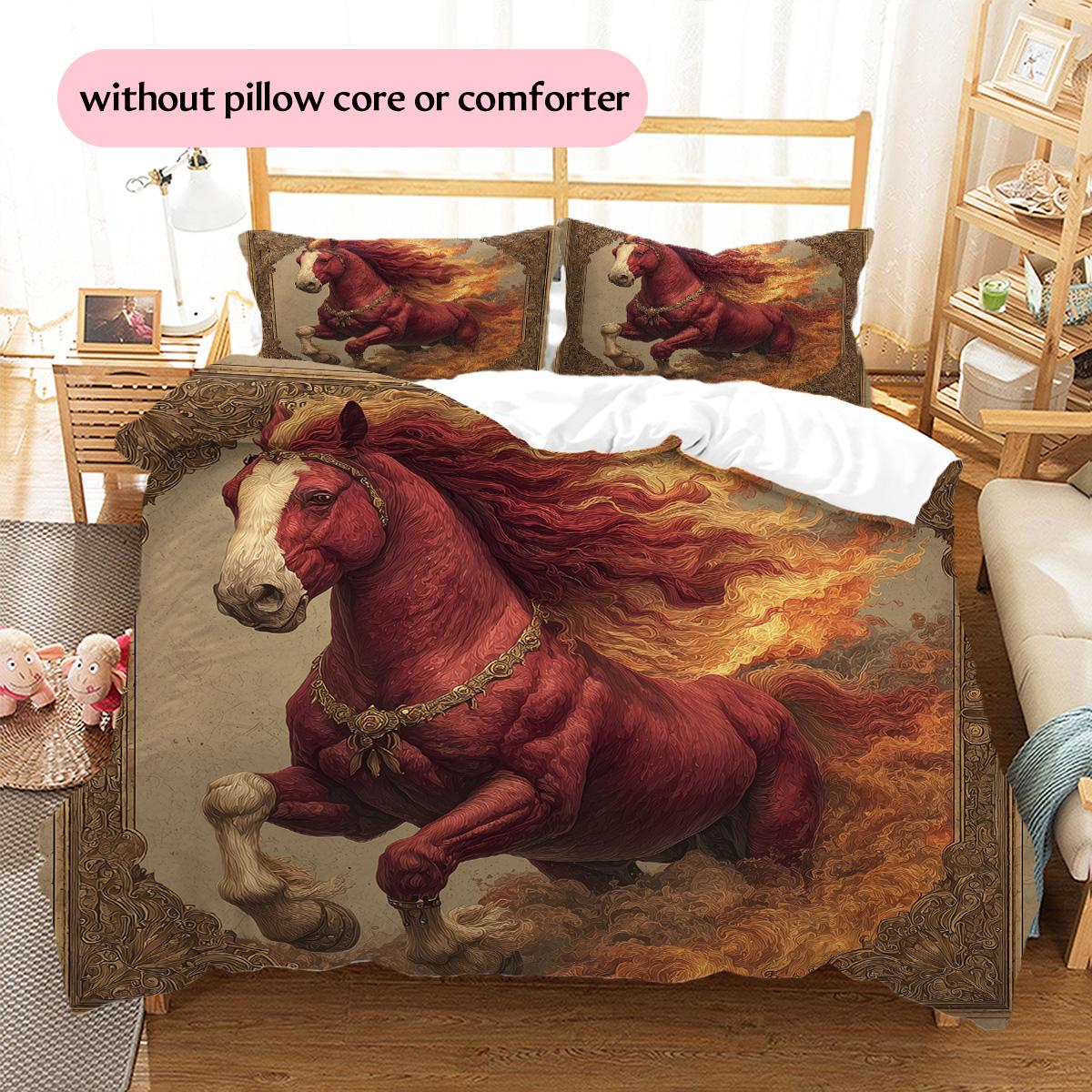 Red horse  Pattern Bedding Quilt Set Quilt Cover Pillowcase Home Decoration  Gift (1 * duvet cover + 2 * pillowcase, without core) 135x200cm