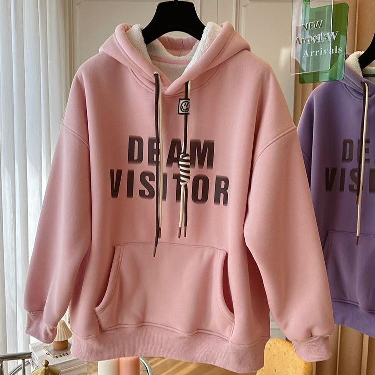 

Большие толстовки с капюшоном для женщин, осень-зима, модные плюшевые куртки с капюшоном, толстовка с капюшоном и принтом в виде букв, дизайн кармана-кенгуру, пальто Y2k XL розовый