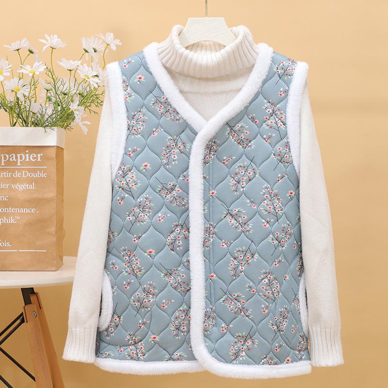 Women's V Neck Sleeveless Vest Slim Fit Casual Floral Print Fleece Lined Waistcoat