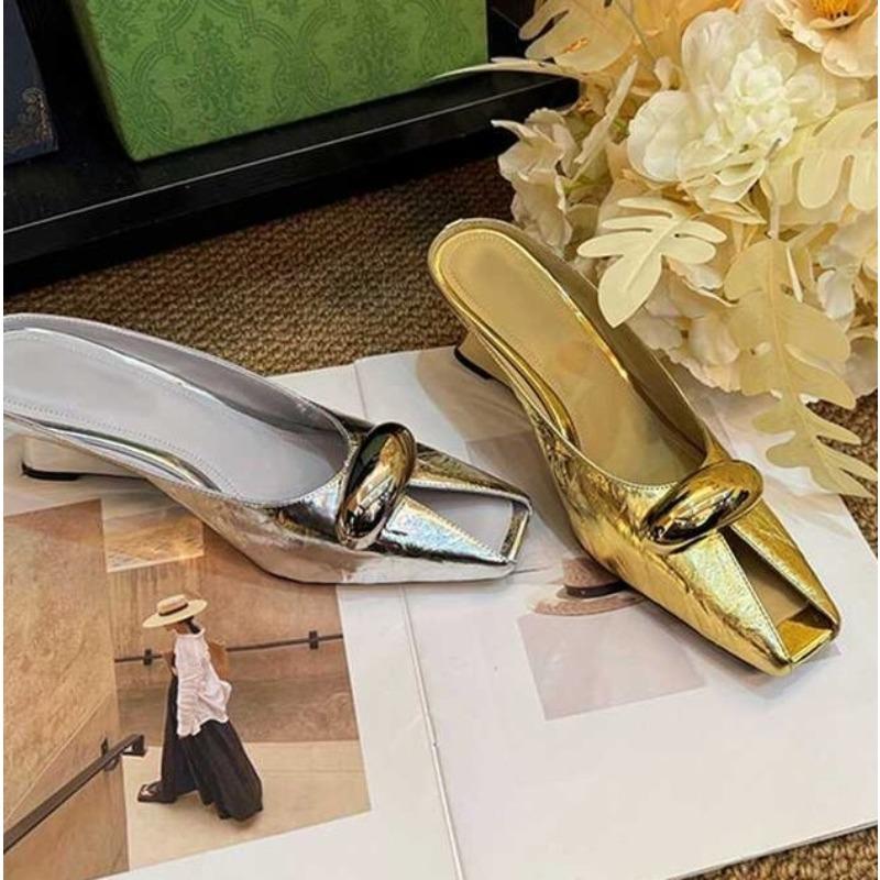 New Leather Elegant Temperament Metal Buckle Fish Mouth Slippers Fashionable Flat Shoes Cool Slippers Summer High Heel Pumps