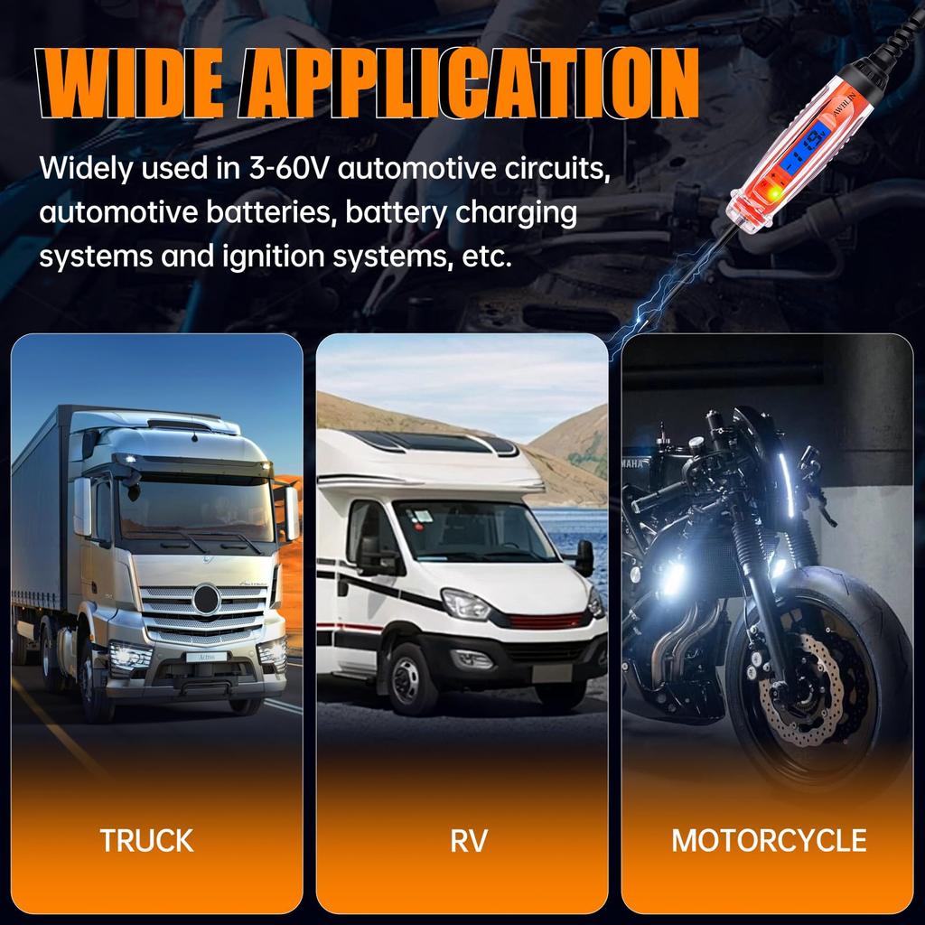 Car Test Light 3-60V DC Digital Light Tester with Voltmeter, Heavy Duty Auto Circuit Tester with LCD Backlight Display and LED Indication