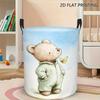 A Single Storage Basket Showcasing a Cute Teddy Bear And Butterfly Motif, Collapsible for Convenient Storage, Large Round Design with Sturdy Handles, 