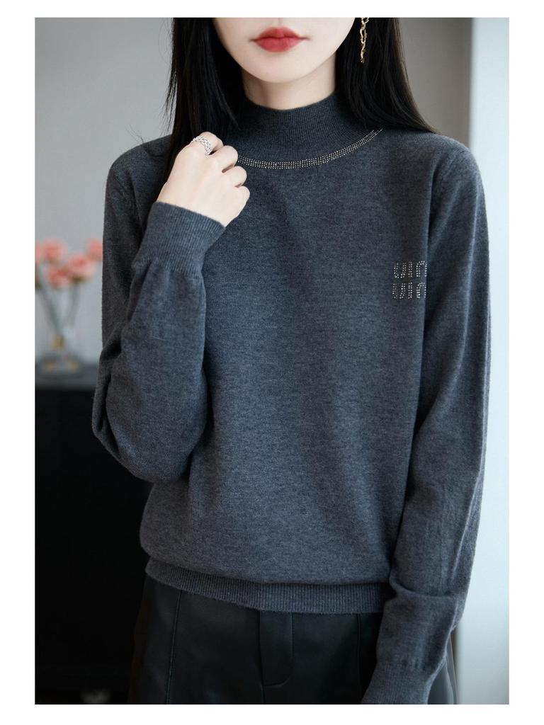 Autumn/Winter Rhinestone Semi-High Neck Knitted Sweater Top for Women