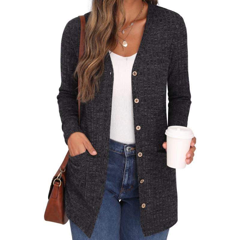 Autumn and Winter Solid Color Loose Long Sleeve Pocket Cardigan Jacket Women's New Style