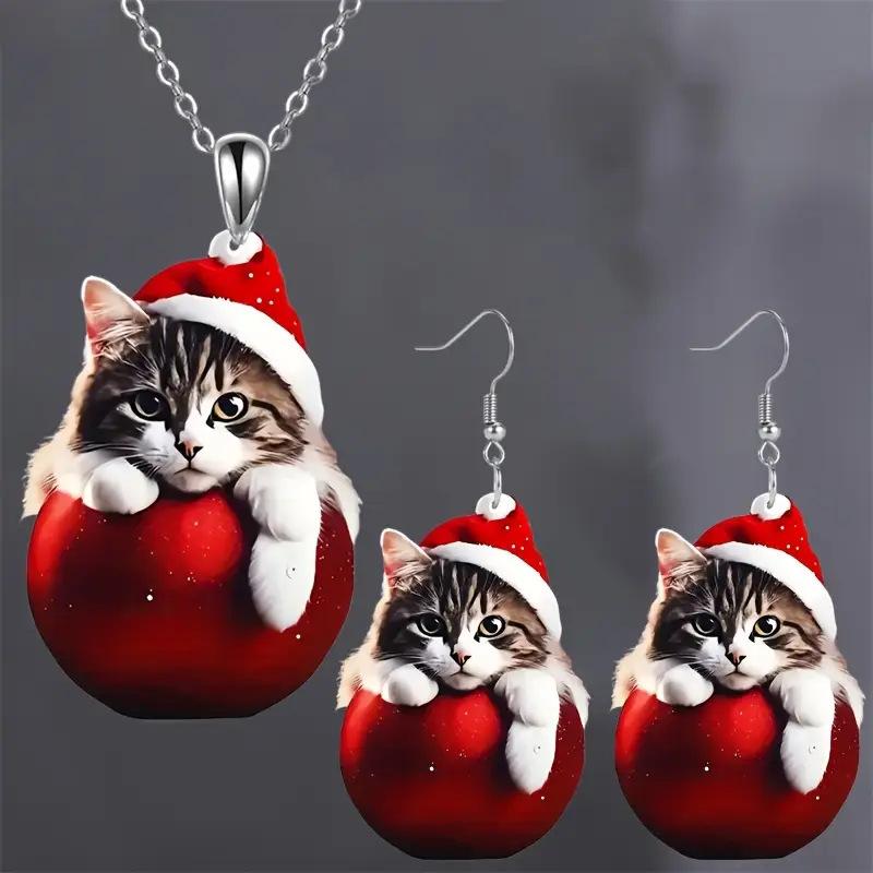 Cross-border New Christmas Hat Cat Earrings Flat Acrylic Christmas Ball Decoration Festive Kitten Necklace Jewelry