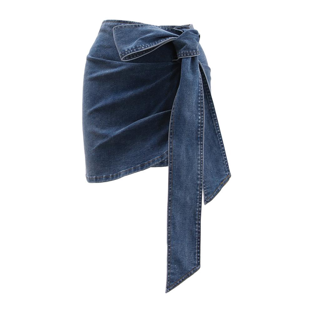 

European & American Niche Bow-Accent High-Waist Denim Skirt: Trendy Summer Ribbon Style L синий