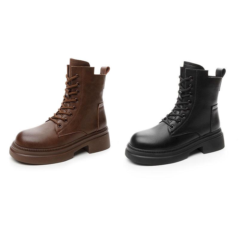 Retro thick-soled high-heeled short boots, genuine leather Martin boots, women's inner heightening versatile medium boots, brown knight boots.