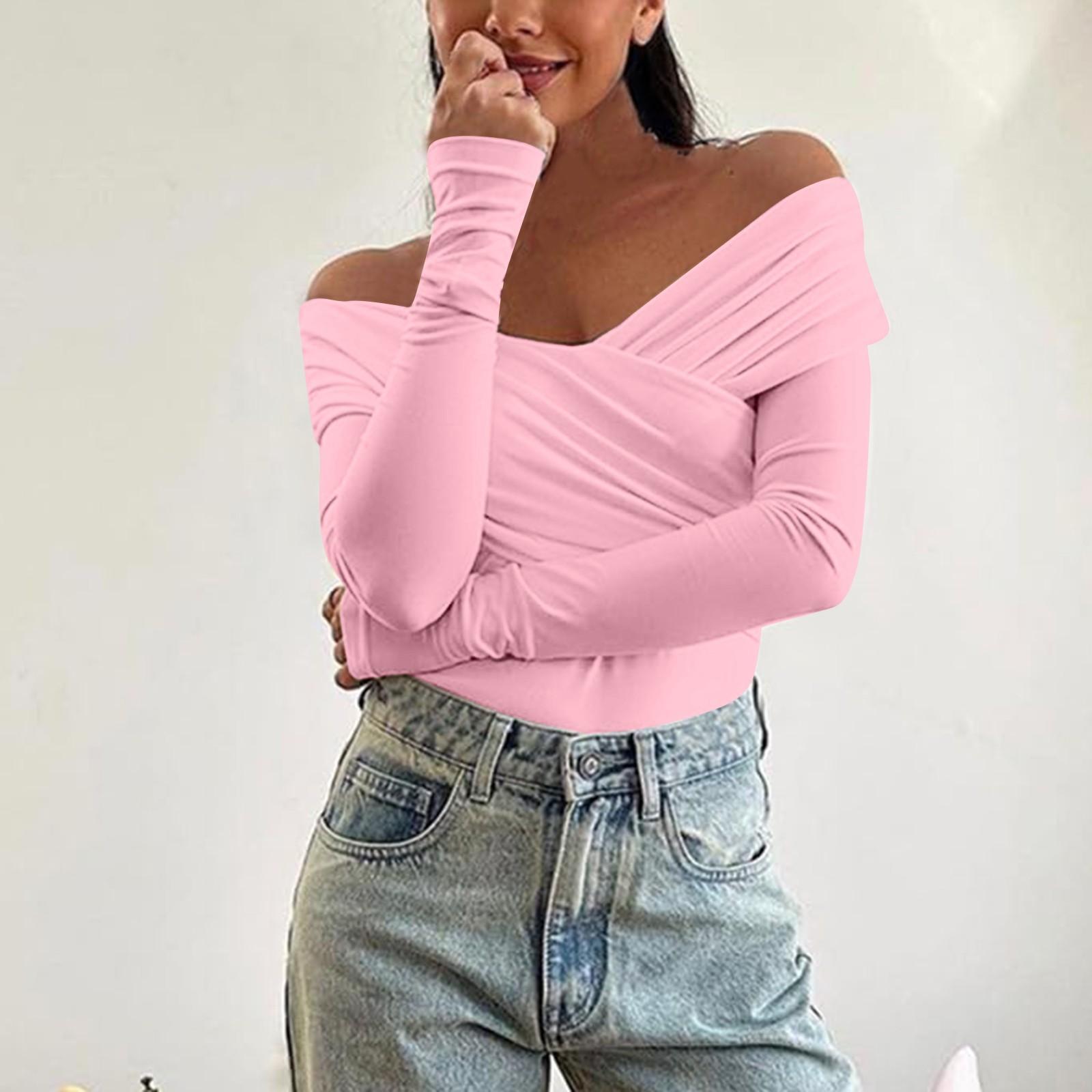 

Сексуальный и модный облегающий универсальный комбинезон с V-образным вырезом, открытыми плечами, длинными рукавами и однотонной отделкой L розовый