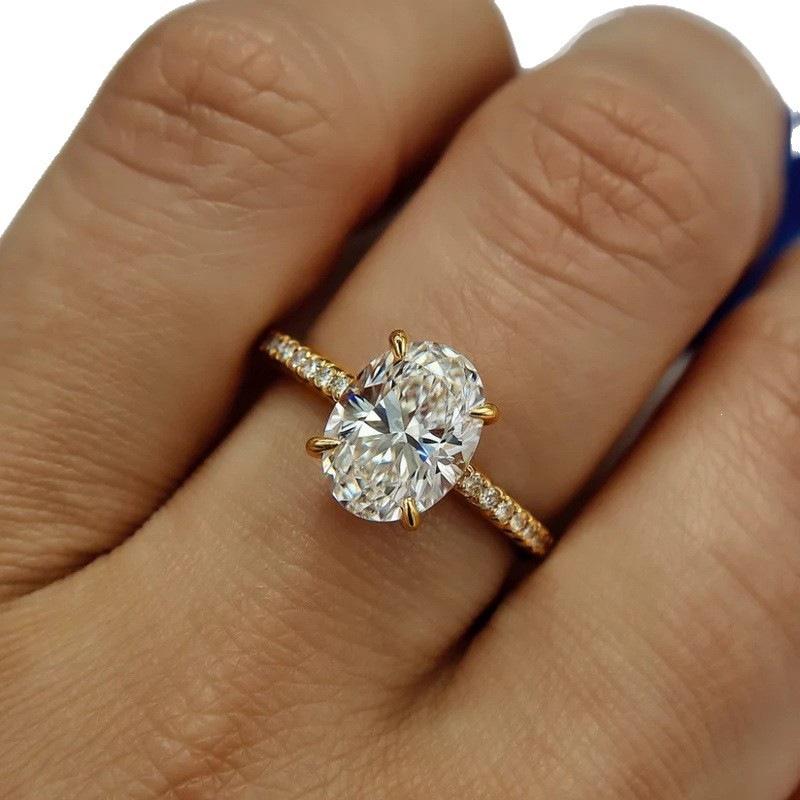Classic Long Oval Four-claw Inlaid Ring for Women, Wedding Bride Wedding Jewelry Temu Light Luxury New