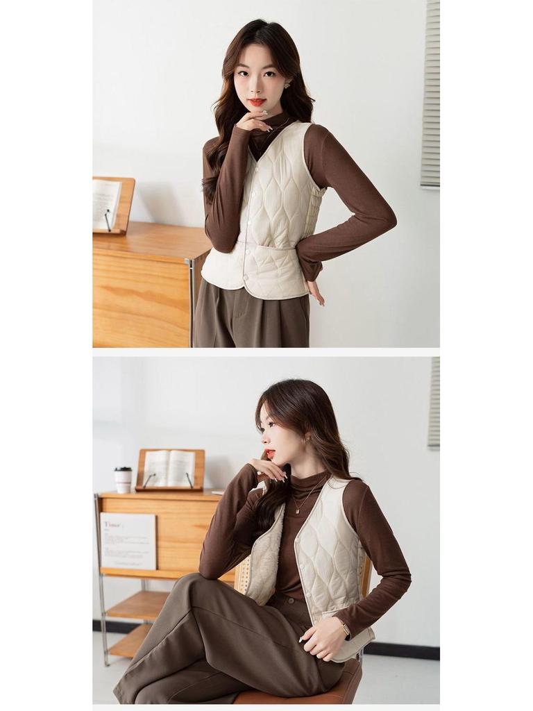 2025 Women's V-neck Fleece-lined Down Vest, Autumn/Winter Short Sleeveless, Thickened, Warm, Slim Fit, Versatile.