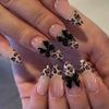 Spicy Leopard Print Black Bow Wear-on Nails: Long Almond Nude French Style, Cool & Sassy Nail Art