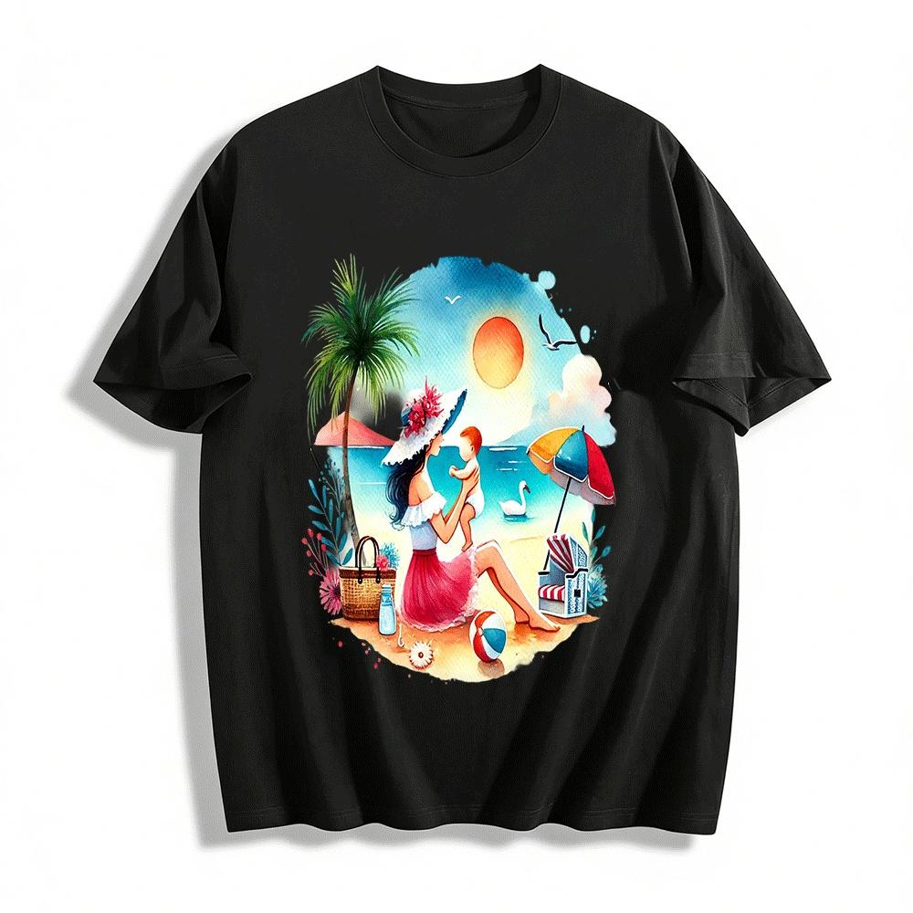 Mom And Baby Beach Vacation Print Casual Summer Top Pure cotton T-shirt XXS
