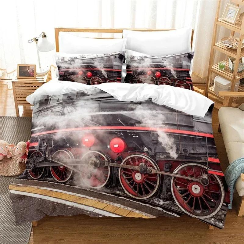 Top New Train Duvet Cover Full Size Boys Steam Engine Bedding Set Microfiber 3D Rail Vehicles Comforter Cover Room Decor