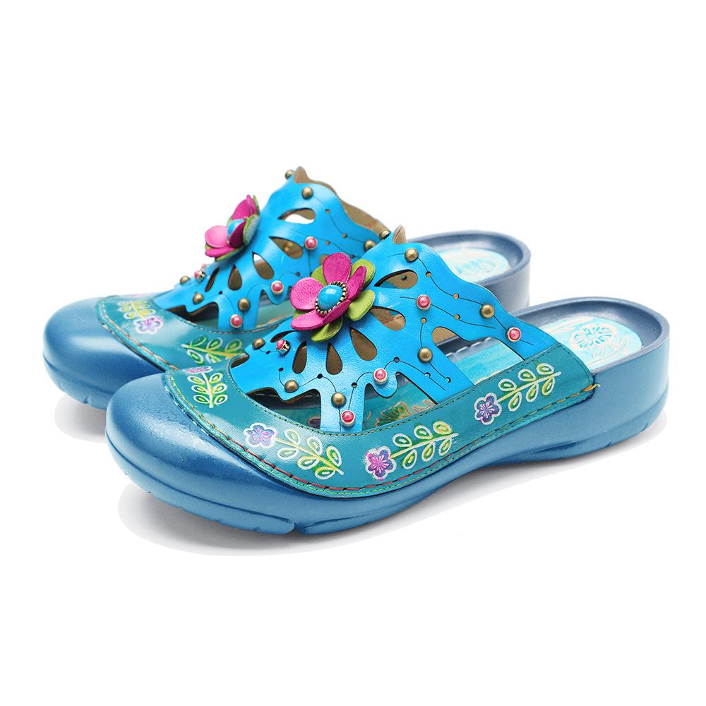 Sandale cu pane cu flori de epocă roșii din piele naturală, realizate manual, cu talpă moale, pantofi confortabili pentru femei