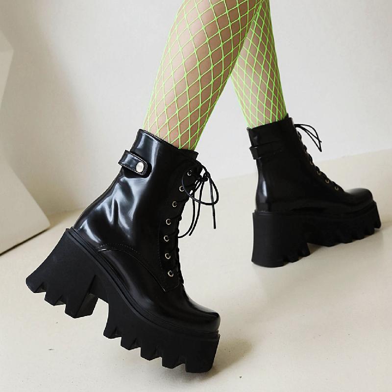 Gothic Punk Street Women's Ankle Boots Platform 2025 Thick High Heels Short Boot New Fashion Designer Black Lace-up Winter Shoes