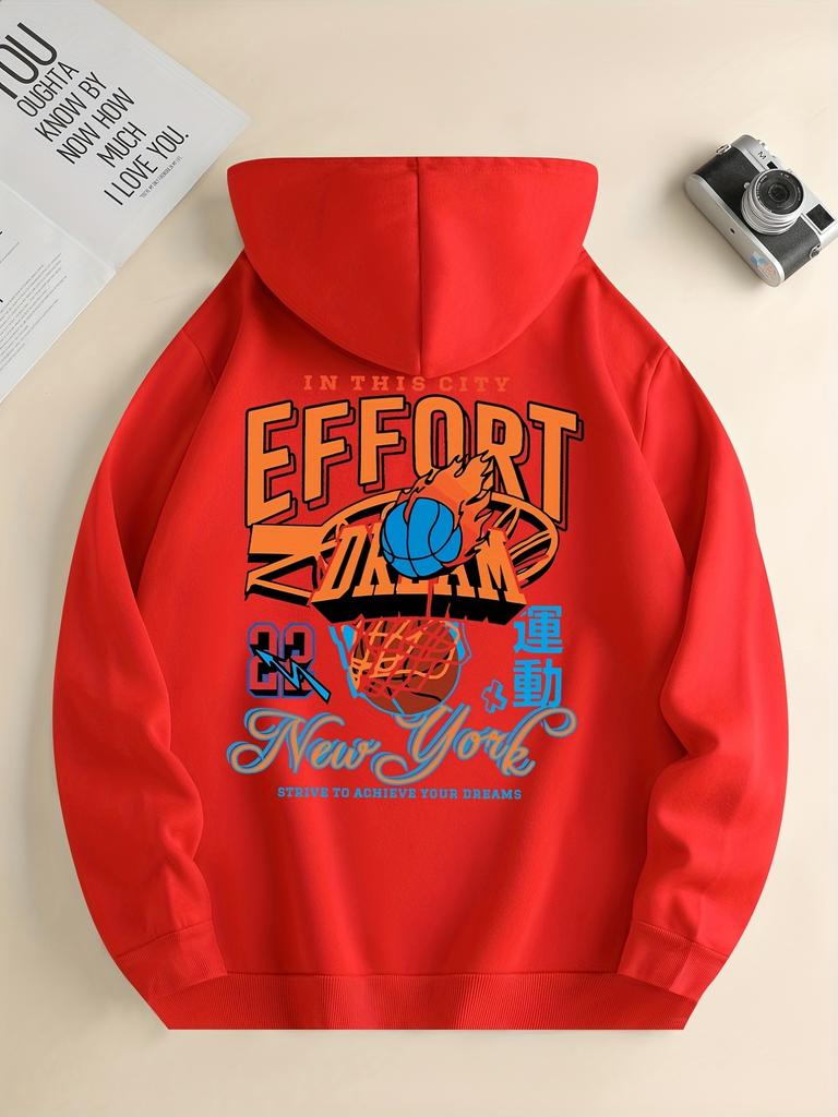 Men's Basketball Hoodie - Black Pullover with Adjustable Drawstring Hood, Street Style Casual Sportswear for Fall/Winter