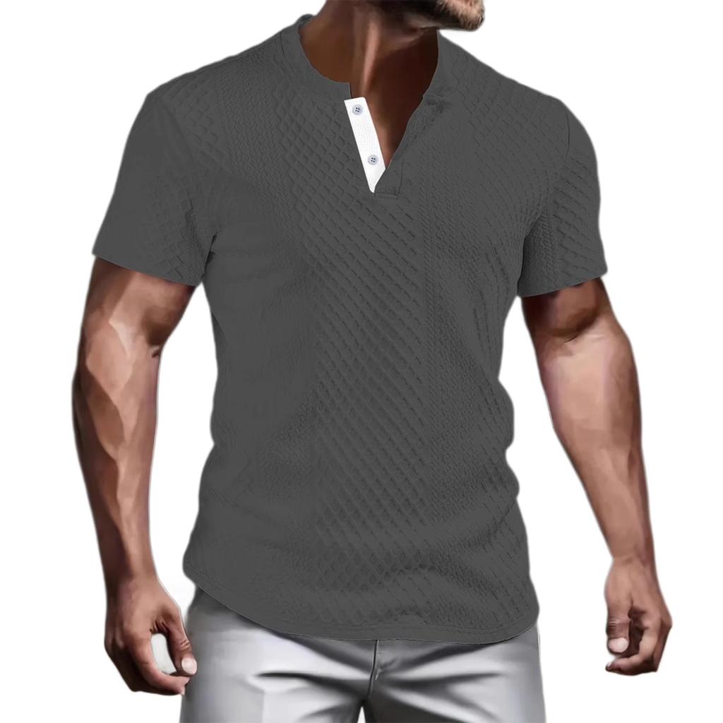 Herren Sommer Freizeit Einfarbig Stoff Rundhals Offener Schlauch Knopf Kurzarm T-Shirt Tops